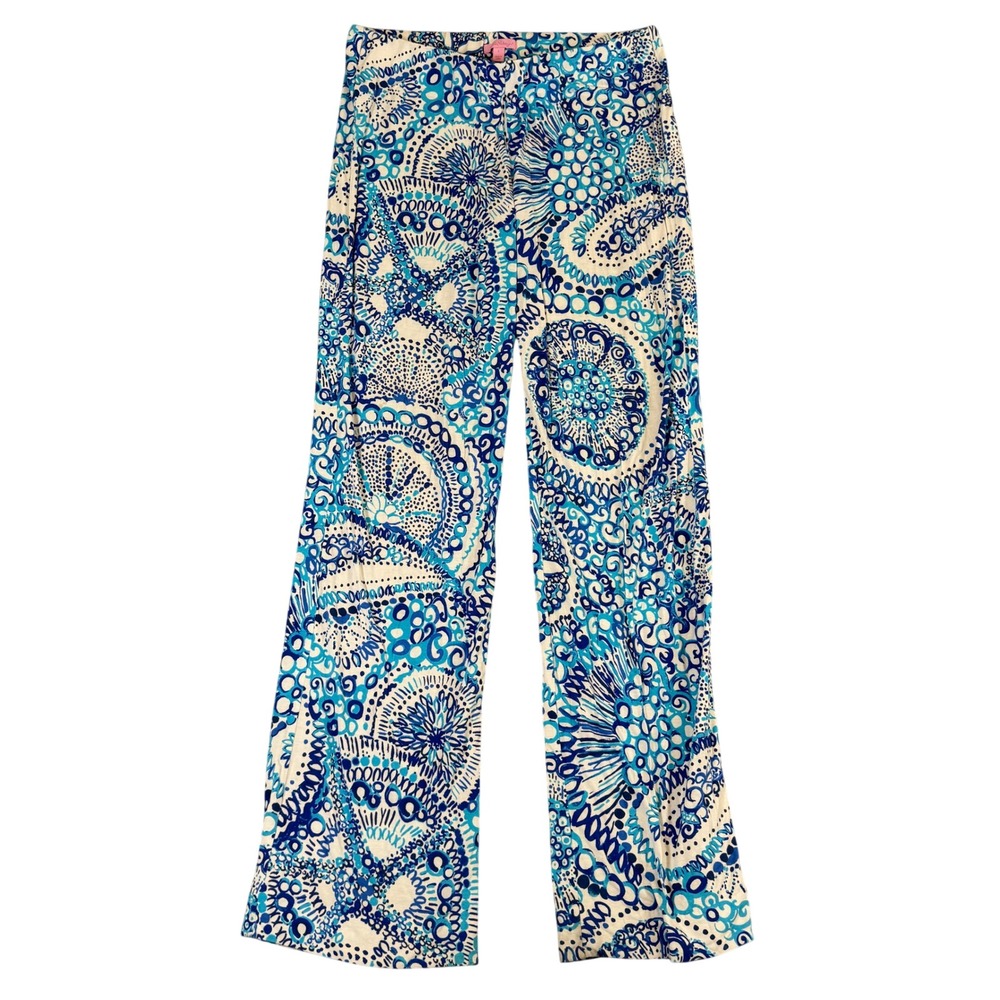 Lilly Pulitzer Blue White Medallion Knit Palazzo Pants Large Wide Leg Flare